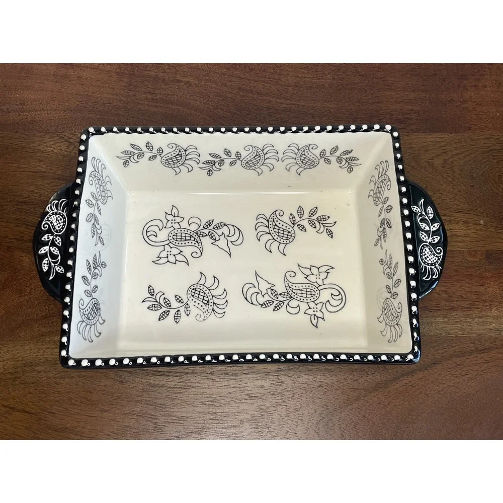 2 PC Baum Stoneware Casserole Baking Dish Black White Floral Paisley